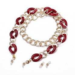 Dark Red Eyeglasses Chains, Neck Strap for Eyeglasses, with Acrylic & Aluminium Curb Chains, 304 Stainless Steel Lobster Claw Clasps and Rubber Loop Ends, Dark Red, 32.48 inch(82.5cm)