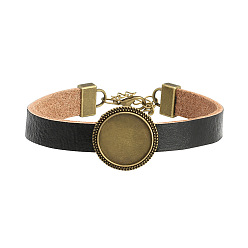 Античная Бронза Изготовление браслета из кожанного шнура, с плоской круглой лоток, античная бронза, 7-1/2x3/8 дюйм (19x1 см), лоток : 18 мм