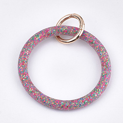 Pale Violet Red Silicone Bangle Keychains, with Alloy Spring Gate Rings and Glitter Powder, Light Gold, Pale Violet Red, 116mm