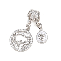 Платина Подвески из латуни с микро паве ко Дню матери, прозрачные подвески с кубическим цирконием, кольцо с подвесками "мама", стойки покрытие, долговечный, без свинца и без кадмия, платина, 31 мм, отверстия : 3 mm и 4 мм, Сердце: 11x8x3 mm, плоско-круглые: 17.5x15x2 mm