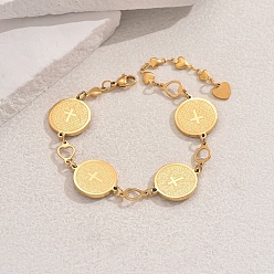 Плоский Круглый Религия 201 браслеты из нержавеющей стали для женщин, золотые, плоские круглые с крестом, 3/4 дюйм (2 см), внутренний диаметр: 6-3/4 дюйм (17 см)