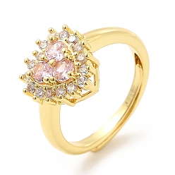Real 18K Gold Plated Rack Plating Brass Micro Pave Pink & Crystal Cubic Zirconia Heart Adjustable Rings, Cadmium Free & Lead Free, Long-Lasting Plated, Real 18K Gold Plated, US Size 4 3/4, 2mm, Inner Diameter: 15.4mm
