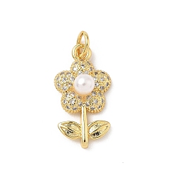 Настоящее золото 18K Латунные микро проложить кубического циркония подвески, цветок, с абс пластмассовой имитационной жемчужиной, без кадмия и без свинца, с целью перехода в кольце, реальный 18 k позолоченный, 20x11x6 мм, отверстие : 3 мм