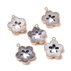 Черный Естественно druzy агат подвески, окрашенные, с золотыми тонами латунных петель, цветок, чёрные, 23.5~25x20.5~21.5x5~6 мм, отверстие : 1.6 мм