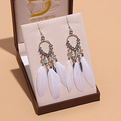 Белый Серьги-люстры из сплава горного хрусталя в форме капли, с пером, античное серебро, белые, 122 мм