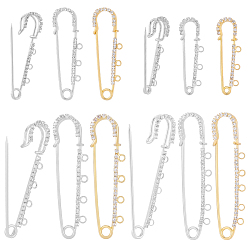 Платиновый & Золотой 16 шт. 8 стили железные булавки со стразами, фурнитура для броши, платиной и золотом, 51~77.5x16.5~20.5x7.5~8 мм, отверстие : 2.5 мм