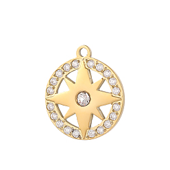 Настоящее золото 18K 304 микро нержавеющей стали прокладывать Цирконом подвески, плоский круглый со звездными подвесками, ионное покрытие (ip), реальный 18 k позолоченный, 14x13 мм