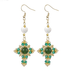 Malaysia Jade Natural Mixed Stone & Glass Seed Beads Dangle Earrings for Women, Cross, Golden, Green, 76x27mm