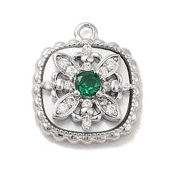 Платинированный Латунные микропаве прозрачные кубические циркониевые подвески, без кадмия, без никеля и без свинца, со стеклом, ракушкой и кольцом для прыжков, квадратные с цветком, Реальная платина, 14x12x5 мм, отверстие : 1.4 мм