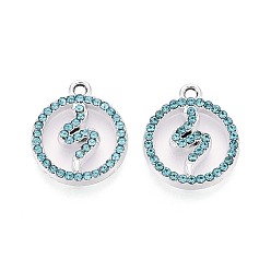 Аквамарин Подвески из сплава со стразами, плоский круглый и змеевидный, без кадмия, без никеля и без свинца, платина, аквамарин, 18x15x2 мм, отверстие : 1.6 мм