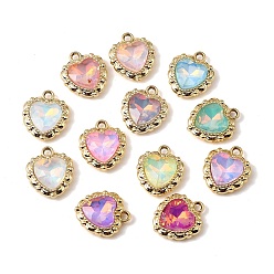 Golden Alloy Pendants, with Rhinestone & Glass, Heart Charms, UV Plating, Mixed Color, Golden, 17x15x5.5mm, Hole: 2mm