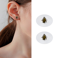 Olive Drab 1 Pair Brass Micro Pave Cubic Zirconia Stud Earrings, with 925 Sterling Silver Pins, Horse Eye, Platinum, Olive Drab, 4x7mm