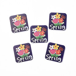 Indigo Acrylic Cabochons, for Hair Pins, Hair & Earrings Accessories, Square with Flower Pattern & Word Spring, Indigo, 34.5x34.5x2.5mm
