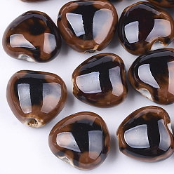 Седло Коричневый Фарфоровые бусины ручной работы, фантазии античного стекла фарфора, сердце, седло коричневый, 14~15x16x9~10 мм, отверстие : 2 мм