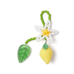 Желтый Подвески из смолы и стеклянных бусин ручной работы в виде цветка лимона большие, с чешским лэмпворком лист, желтые, 57 мм, отверстие : 12x6.5 мм