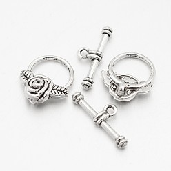 Antique Silver Tibetan Style Alloy Toggle Clasps, Cadmium Free & Lead Free, Flower, Antique Silver, Flower: 19x16x6.5mm, Hole: 1mm, Bar: 23x8x3.5mm, Hole: 2mm, about 340sets/kg