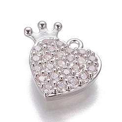 Platinum Brass Cubic Zirconia Charms, Heart with Crown, Clear, Platinum, 13.5x14.5x3mm, Hole: 1.2mm