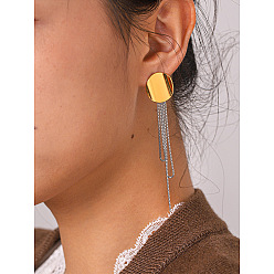 Flat Round Two Tone 304 Stainless Steel Tassel Stud Earrings for Women, Golden & Stainless Steel Color, Flat Round, 80x17.8mm