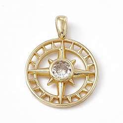 Real 18K Gold Plated Rack Plating Brass Cubic Zirconia Pendants, Flat Round with Sun Charm, Long-Lasting Plated, Lead Free & Cadmium Free, Real 18K Gold Plated, 30.5x22.5x4.3mm, Hole: 6x3.2mm
