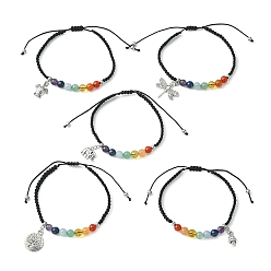 Mixed Shapes Alloy Charm Bracelet, Natural Mixed Gemstone Braided Adjustable Bracelet, Inner Diameter: 2-1/8~3-3/8 inch(5.5~8.5cm)