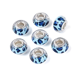 Bleu Ciel Perles européennes en résine opaque, Perles avec un grand trou   , Motif rondelle et léopard, avec noyaux en laiton plaqué couleur argent, bleu ciel, 13.5~14x8~9mm, Trou: 4.5~5mm