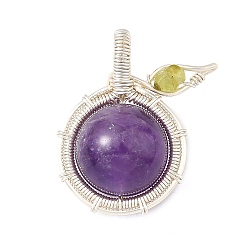 Amethyst Natural Amethyst Copper Wire Wrapped Pendants, Apple Charms, Silver Color Plated, 23.5~24x20~21.5x12~12.5mm, Hole: 3.5~4.5x2.5~3.5mm