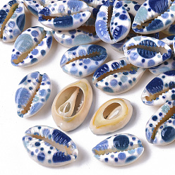 Cornflower Blue Printed Natural Cowrie Shell Beads, No Hole/Undrilled, with Marine Organism Pattern, Cornflower Blue, 18~25x12~15x7mm