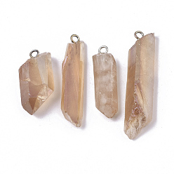 Легкий Лосось Подвески из натурального кварцевого кристалла с вакуумным покрытием pvd, с латунными петлями, форма полосы, светлый померанцевый, 24~36x7~16x6~11 мм, отверстие : 1.8 мм