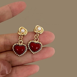 Сердце Серьги-гвоздики из сплава и смолы ко Дню святого Валентина, золотые, сердце, 26.5~27x13 мм