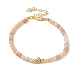 Pink Opal 4mm Round Natural Pink Opal Beaded Bracelets, Flower Brass Bracelets for Women, Real 14K Gold Plated, 7-3/8 inch(18.7cm)