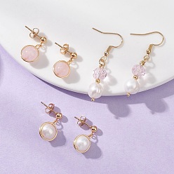 Розовый Кварц 3 пары 304 комплекты круглых серег из натурального культивированного пресноводного жемчуга из нержавеющей стали, с натуральным розовым кварцем и стеклянными бусинами, золотые, 22~44x9~11 мм