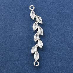 Silver Brass Pave Clear Cubic Zirconia Leaf Links Connector Charms, Rack Plating, Long-Lasting Plated, Lead Free & Cadmium Free, Silver, 40x7.5x4mm, Hole: 1.6mm