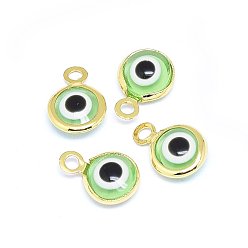 Настоящее золото 18K Подвески ручной работы сглаз, с латунной фурнитурой , плоско-круглые, светло-зеленый, реальный 18 k позолоченный, 10x6.5x3 мм, отверстие : 1.5 мм
