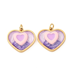 Средний Фиолетовый 304 нержавеющей стальной эмали подвески, с целью перехода в кольце, ионное покрытие (ip), шарма сердца, реальный 18 k позолоченный, средне фиолетовый, 14.5x16x3 мм, отверстие : 2.5 мм