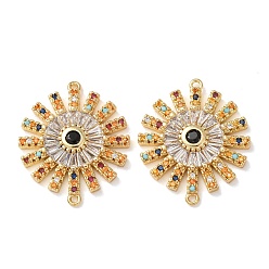 Real 18K Gold Plated Brass Micro Pave Colorful Cubic Zirconia Connector Charms, Flower Links, Rack Plating, Long-Lasting Plated, Cadmium Free & Lead Free, Real 18K Gold Plated, 26x22x4mm, Hole: 1mm