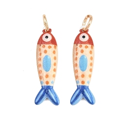 Red Printed Brass Pendants, Fish with Dot Charms, Golden, Red, 27x18x3mm, Hole: 4mm