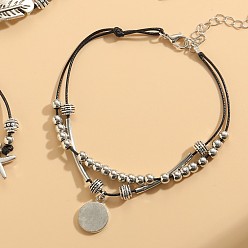 Disc Сплав подвеска 2-нить черный вощеный шнур браслеты на лодыжку, античное серебро, диск, 7-7/8 дюйм (200 мм)