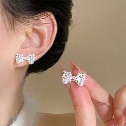 Golden Alloy Stud Earrings, Bowknot, with Rhinestone & Plastic Imitation Pearl, 925 Sterling Silver Stud Earrings for Women, Golden, 10.5x19mm