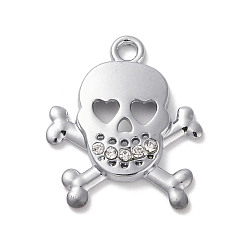 Platinum Alloy Pendants, with Glass Rhinestone, Skull, Platinum, 25x21x3mm, Hole: 2mm