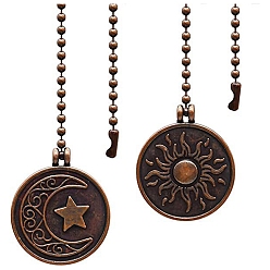 Красная Медь Удлинители цепи потолочного вентилятора из сплава, Плоский круглый кулон с узором солнца и луны, с цепями железный шар, Красная медь, 340x33 мм, 2 шт / комплект