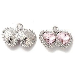 Misty Rose Alloy Pendant, with Glass, Platinum, Lead Free & Cadmium Free, Heart Charm, Misty Rose, 15.5x21x7.5mm, Hole: 1.8mm
