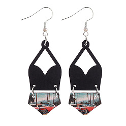 Черный Серьги-подвески из сплава с имитацией кожи, бикини, чёрные, 72x22 мм