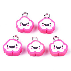 Hot Pink Handmade Polymer Clay Charms, with Platinum Plated Iron Loop, Cloud with Smile, Hot Pink, 11~14x9~11.5x4mm, Hole: 1.8mm