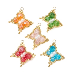 (52) Непрозрачная лаванда Стеклянные подвески, очарование бабочки, с 304 нержавеющей сталью и бисером, реальный 18 k позолоченный, граненые, разноцветные, 21~22x23x7 мм, отверстие : 3 мм