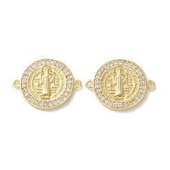 Настоящее золото 18K Стойка покрытие латунь кубический цирконий святой бенедикт соединительный шарм, долговечный, без свинца и без кадмия, плоские круглые ссылки, реальный 18 k позолоченный, 17x22x2 мм, отверстие : 1.4 мм