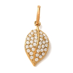 Golden 304 Stainless Steel Micro Pave Clear Cubic Zirconia Charms, Leaf Charms, Ion Plating(IP), Golden, 14.5x7.5x4mm, Hole: 4x2.5mm
