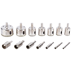 Platinum Diamond Drill Bit Set, 15pcs Hole Saw Set for Glass, Marble, Granite Stone, Porcelain, Ceramic Tile, Cadmium Free & Lead Free, Platinum, 49~53x6~50mm, Inner Size: 4~47mm, Hole: 1.6~4mm, 1.4~8x6~15mm, 15pcs/set