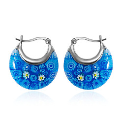 Королевский синий Плоские круглые 304 серьги-кольца из нержавеющей стали миллефиори, цвет нержавеющей стали, королевский синий, 25 мм