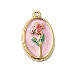 Настоящее золото 18K 304 прелести нержавеющей стали, овал с цветочными подвесками, с эмалью и стразами, ионное покрытие (ip), реальный 18 k позолоченный, 17.5x11.5x2 мм, отверстие : 1.2 мм
