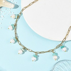 Amazonite Natural Amazonite Chip and Pearl Tassel 304 Stainless Steel Paperclip Chain Necklaces for Women, Golden, 16.14 inch(41cm)